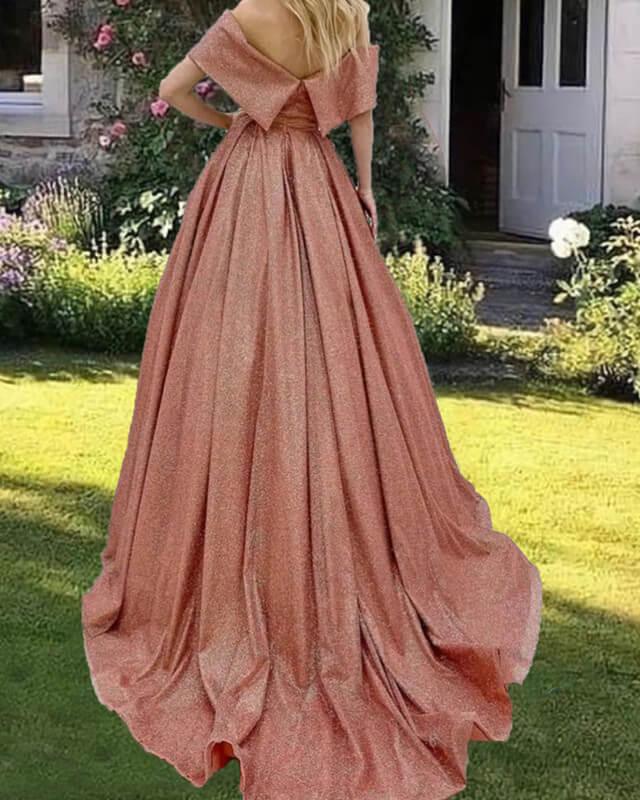 Champagne Gold Sparkly Ball Gown Off Shoulder Dress - RongMoon
