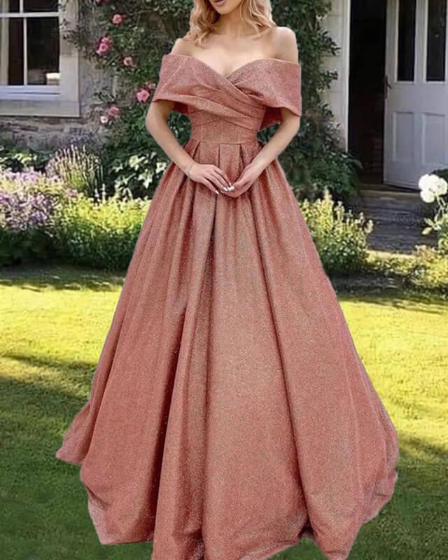 Champagne Gold Sparkly Ball Gown Off Shoulder Dress - RongMoon