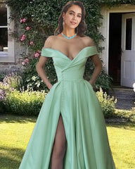 Off The Shoulder Split Satin Dress With Pockets