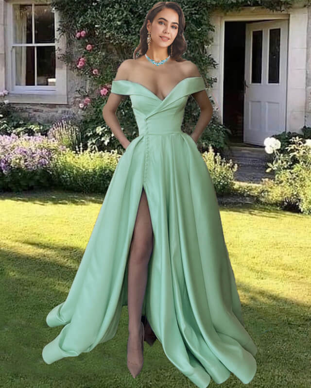 Off The Shoulder Split Satin Dress With Pockets