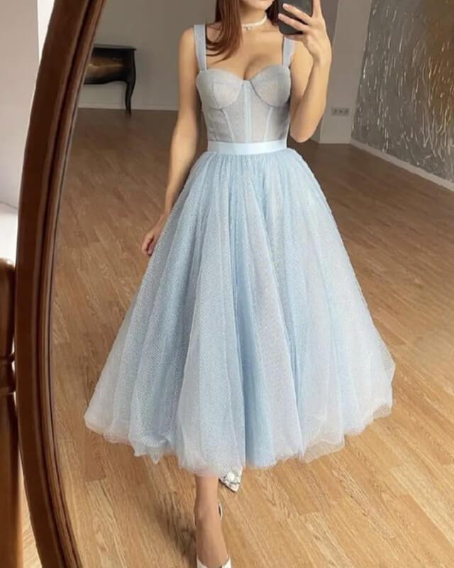 Baby Blue Tulle Midi Corset Dress - RongMoon