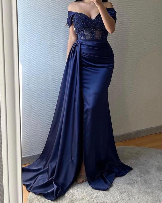Mermaid Appliques Sheer Corset Satin Slit Dress - RongMoon