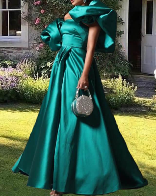 Puffy Sleeves Satin Ball Gown Dress - RongMoon