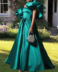Puffy Sleeves Satin Ball Gown Dress - RongMoon