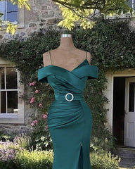 Mermaid Dark Green Cold Shoulder Satin Dress