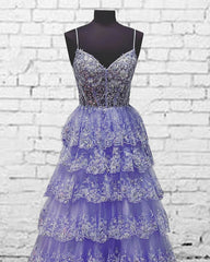 Light Purple V Neck Layered Lace Prom Dress