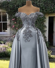 Mermaid Silver Satin Appliques Dress