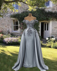 Mermaid Silver Satin Appliques Dress