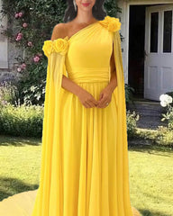 Yellow Chiffon Dress With Cape Sleeve