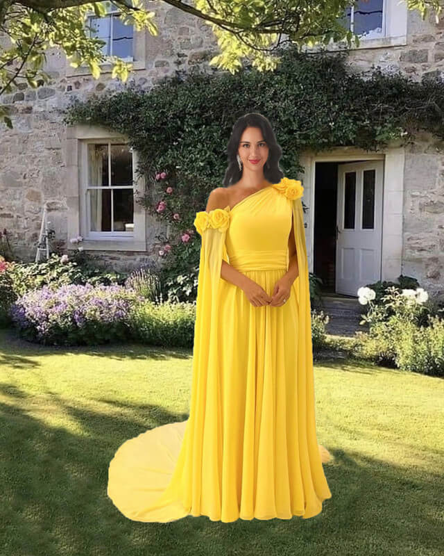 Yellow Chiffon Dress With Cape Sleeve