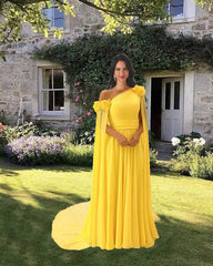 Yellow Chiffon Dress With Cape Sleeve