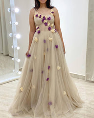 Nude Tulle Corset Dress With 3D Flowers