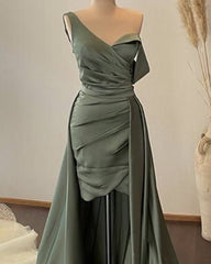 Sheath Sage Pleated Satin Formal Dress