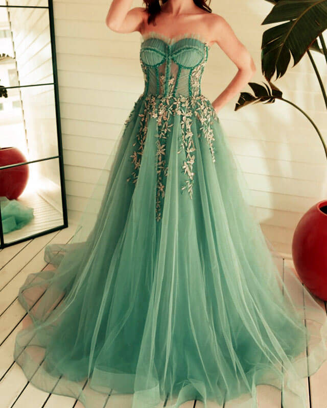 Sgae Green Sweetheart Corset Appliques Prom Dresses