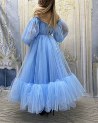 Tea Length Tulle Off The Shoulder Long Sleeve
