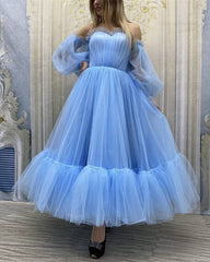 Tea Length Tulle Off The Shoulder Long Sleeve