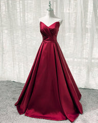 Burgundy Satin V Neck Long Dress
