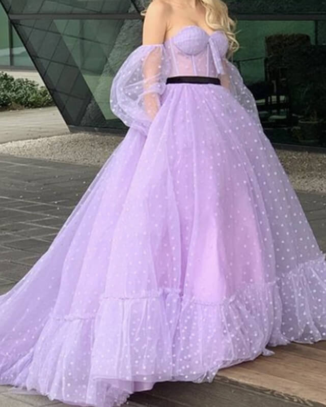 Puffy Sleeve Tulle Corset Ball Gown Dot Dress