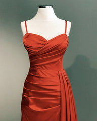 Burnt Orange Sweetheart Slit Satin Spaghetti Straps Dress