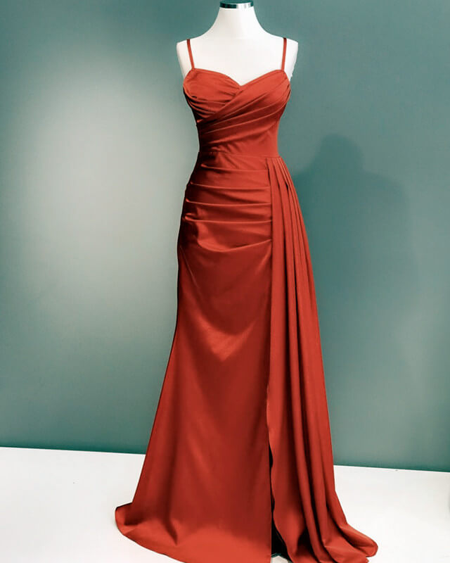 Burnt Orange Sweetheart Slit Satin Spaghetti Straps Dress