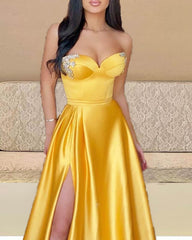 Bright Gold Satin Sweetheart Corset Slit Dress