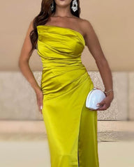 Moss Green Satin Sheath Split Dress