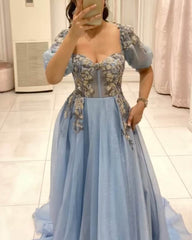 Light Blue Corset Tulle Cottagecore Dress With Embroidery