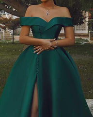 Dark Green Off The Shoulder Slit Satin Dress