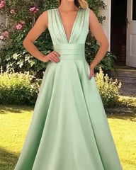 Long Plunging Neck Satin Dress With Pockets