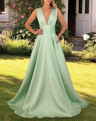 Long Plunging Neck Satin Dress With Pockets