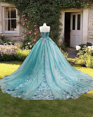 Ball Gown Tulle Strapless 3D Flowers Dress