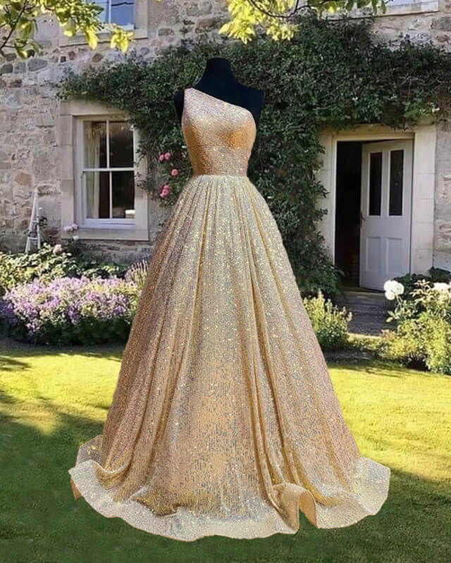 Ball Gown Sparkly One Shoulder Sequin Dress