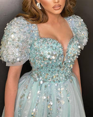 Blue Tulle Cap Sleeves Sequin Beaded Dress