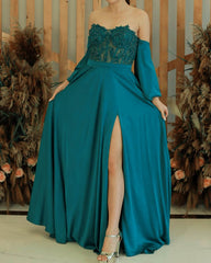 Green Chiffon Split Dress With Lace Corset