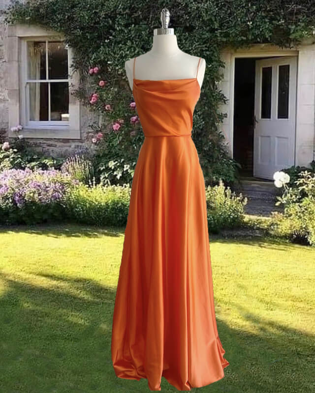Simple Spaghetti Straps Cowl Neck Satin Dress