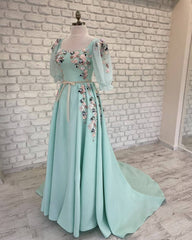 Blue Puffy Sleeve Dress With 3d Flowers