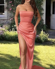 Mermaid Coral Satin Split Dress