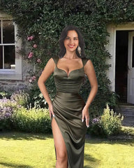Mermaid Olive Green Satin Split Gown