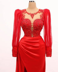 Long Sleeve Mermaid Applqiue Dress With Slit