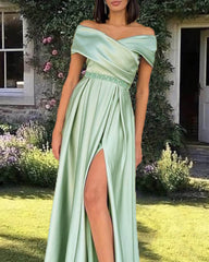 A-line Off Shoulder Satin Slit Dress