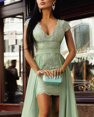 Short Lace Sheath V-neck Dress With Chiffon Skirt