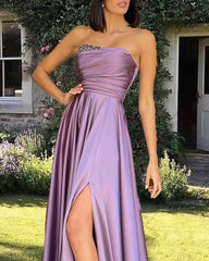 Long Mauve Satin Strapless Split Dress