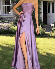 Long Mauve Satin Strapless Split Dress