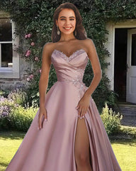 Long Pink Satin V-neck Appliques Split Dress