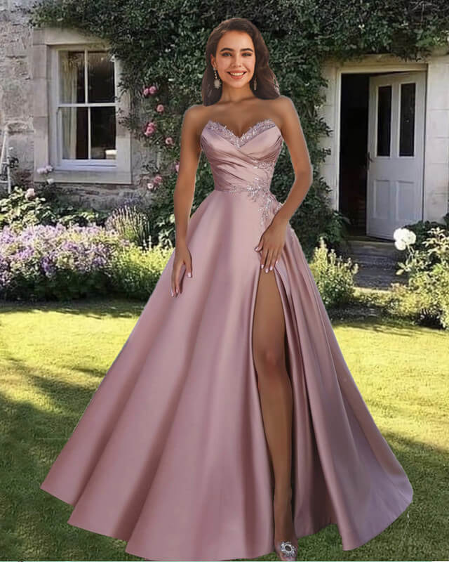 Long Pink Satin V-neck Appliques Split Dress