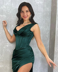 Mermaid V Neck Satin Split Gown