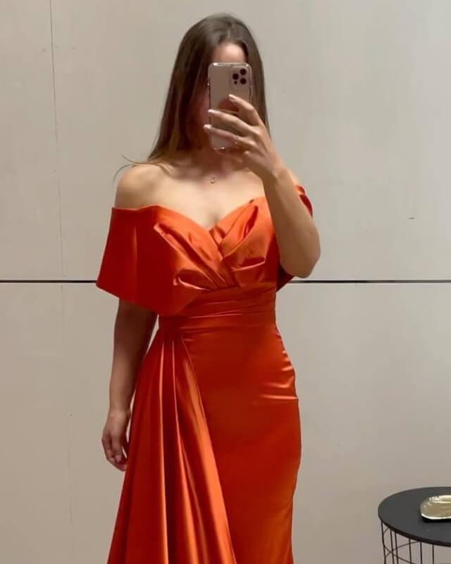 Mermaid Off The Shoulder Orange Satin Dress - RongMoon