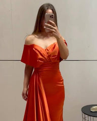 Mermaid Off The Shoulder Orange Satin Dress - RongMoon