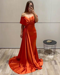 Mermaid Off The Shoulder Orange Satin Dress - RongMoon