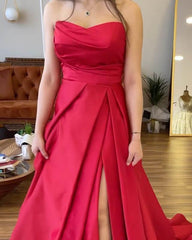 A-line Strapless Satin Split Gown - RongMoon